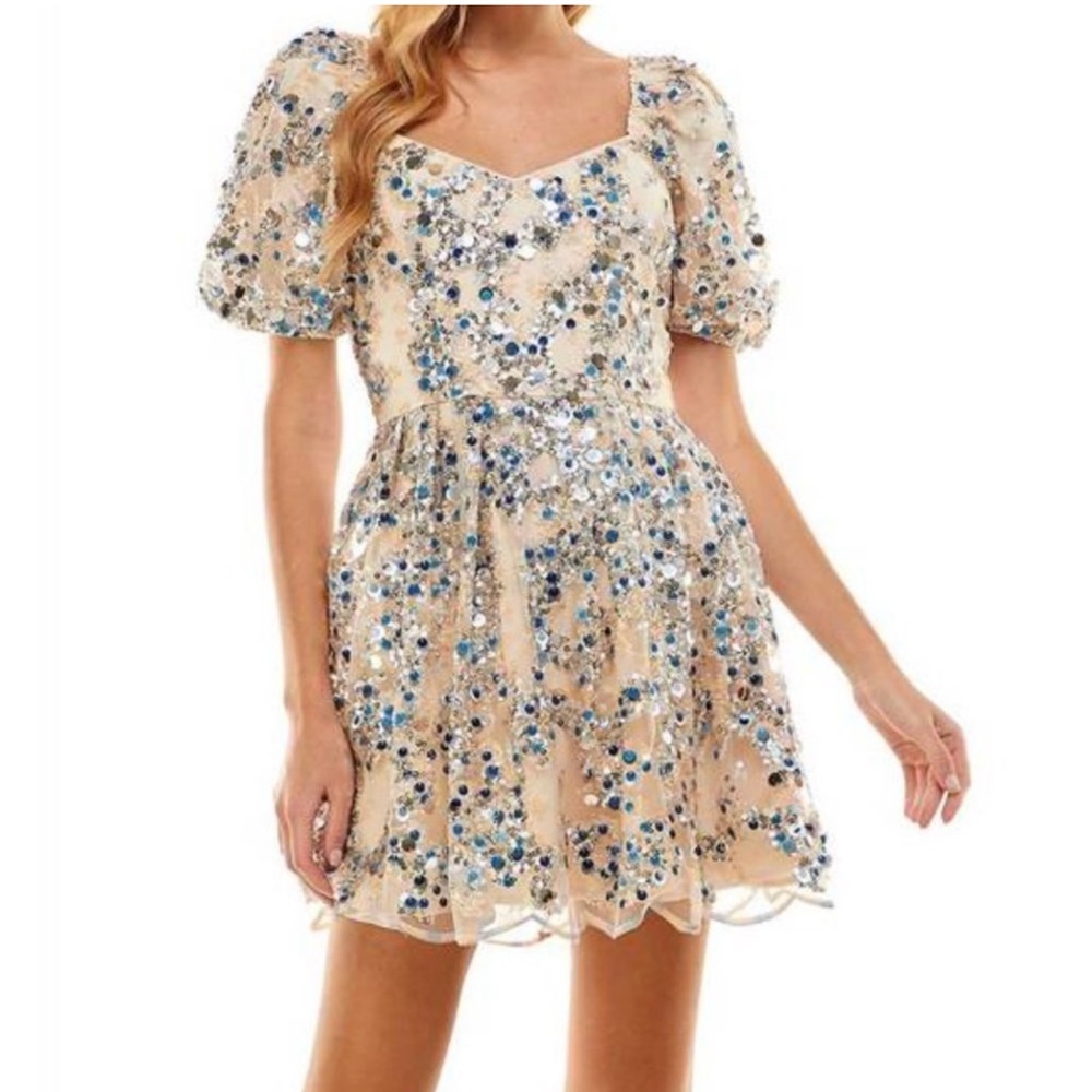 TCEC | Sequin Sweetheart Dress in Silver, Blue, and Nude Sequins Size L